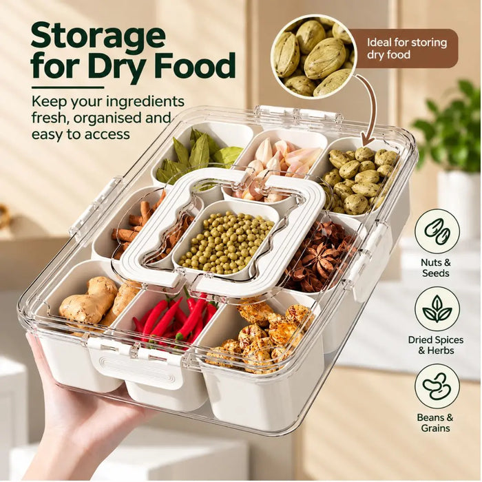 Meal prep container with 9 compartments for storing dry food, nuts, seeds, spices and grains.