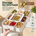 Meal prep container with 9 compartments for storing dry food, nuts, seeds, spices and grains.