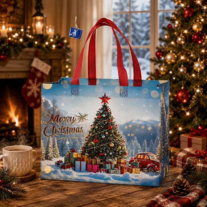 Blue Christmas tote bag with decorated Christmas tree, Christmas presents and snowy winter scene