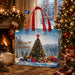 Blue Christmas tote bag with decorated Christmas tree, Christmas presents and snowy winter scene