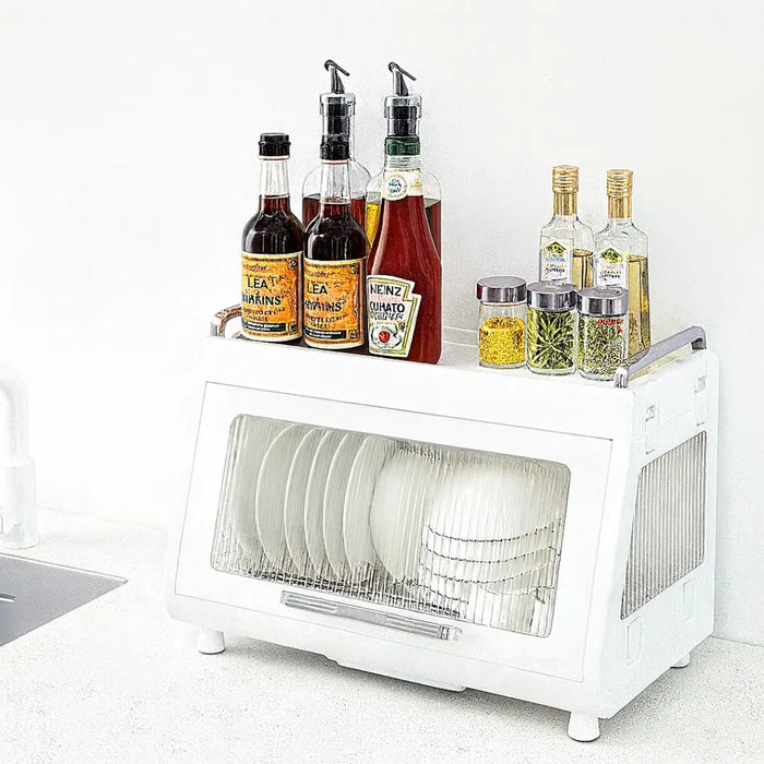 Compact dishrack with additional display space on top for kitchen storage
