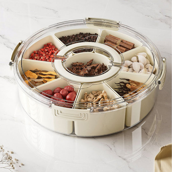 Round Food Storage Container organised with dried spices and seasonings in separate sections