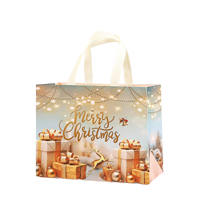 Gold and cream Christmas gift tote bag with presents and reindeer design