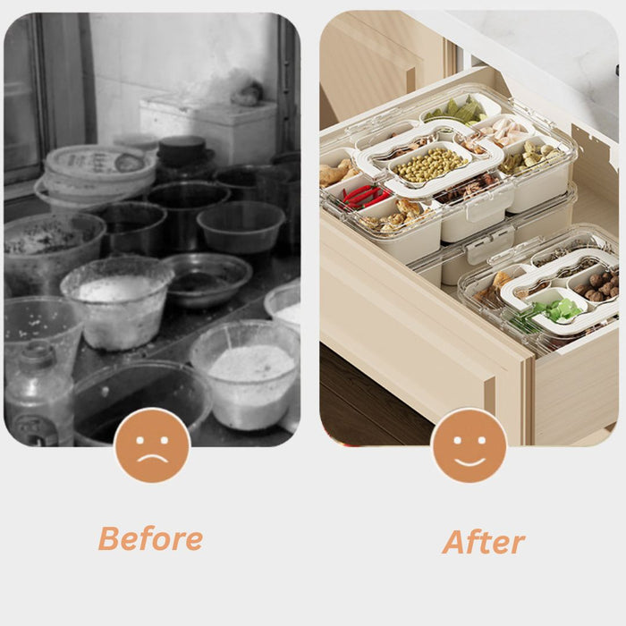 Kitchen drawer organisation before and after using compartment storage solution