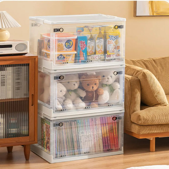 Transparent collapsible storage boxes stacked for food, toys and book storage