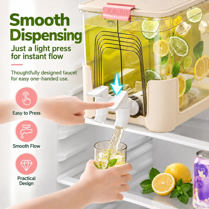 Drink dispenser with easy-press tap for smooth beverage dispensing