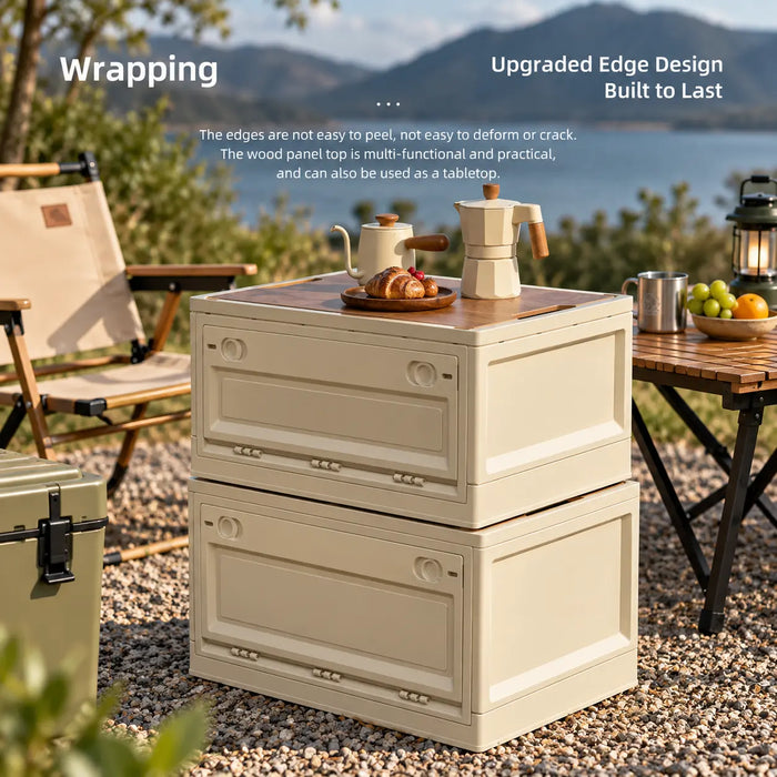 Camping storage box with wood-look tabletop for outdoor entertaining and camping