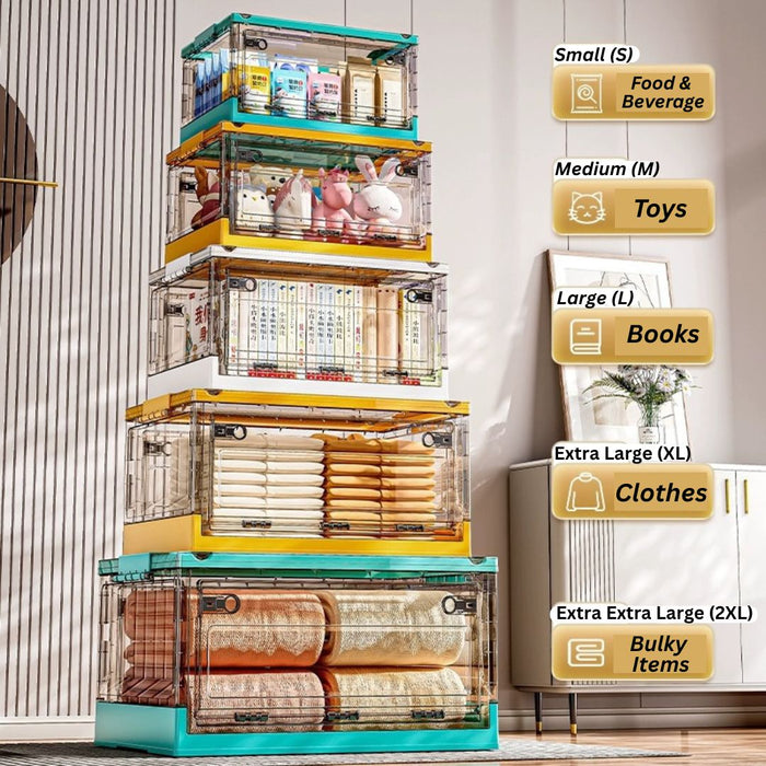 Stacked Plastic Storage Boxes in multiple sizes from Small to 2XL for home organisation