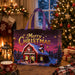 Purple Christmas tote bag featuring a snow-covered winter village cottage, Santa and festive Christmas decorations