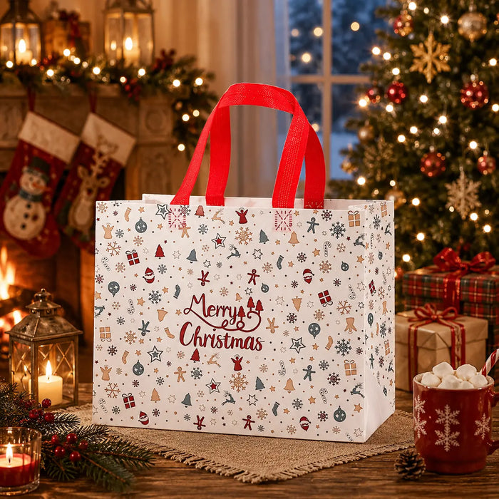 White Christmas tote bag with red handles and colourful Christmas icon pattern featuring snowflakes, gifts, candy canes, ornaments, Santa and Christmas trees