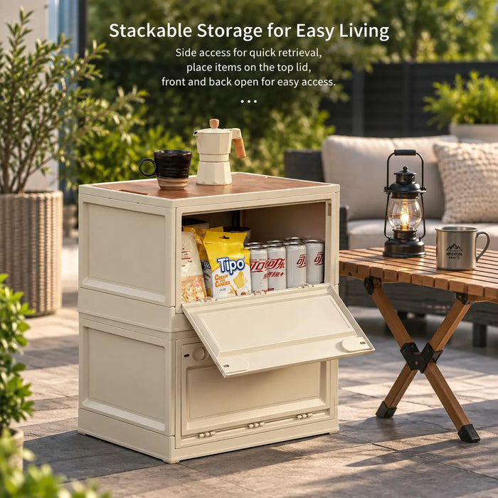 Stackable camping storage box with front access for storing camping supplies