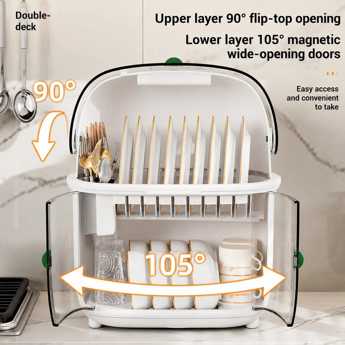 Two tier dish rack with 90 degree flip-top and 105 degree wide-opening doors for easy access