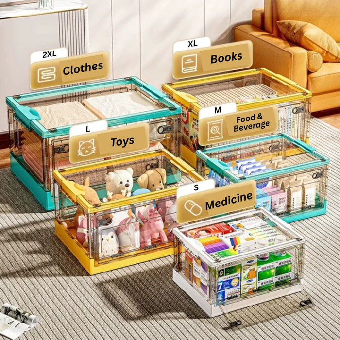 Large Storage Containers arranged by size for clothes, books, toys and bulky items