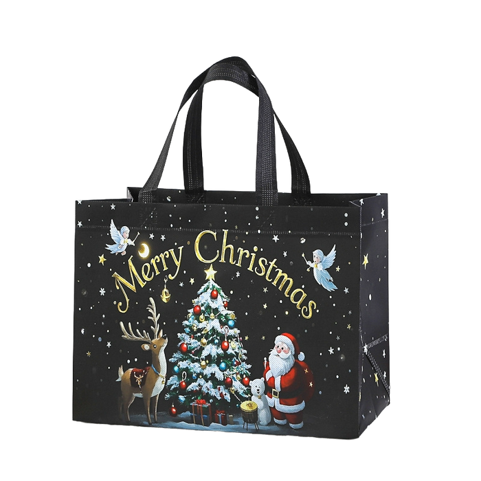 Black Christmas tote bag with Christmas tree, Santa Claus and reindeer design