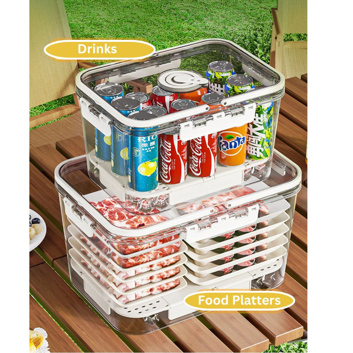 Refrigerator containers stacked for drinks and food platter storage