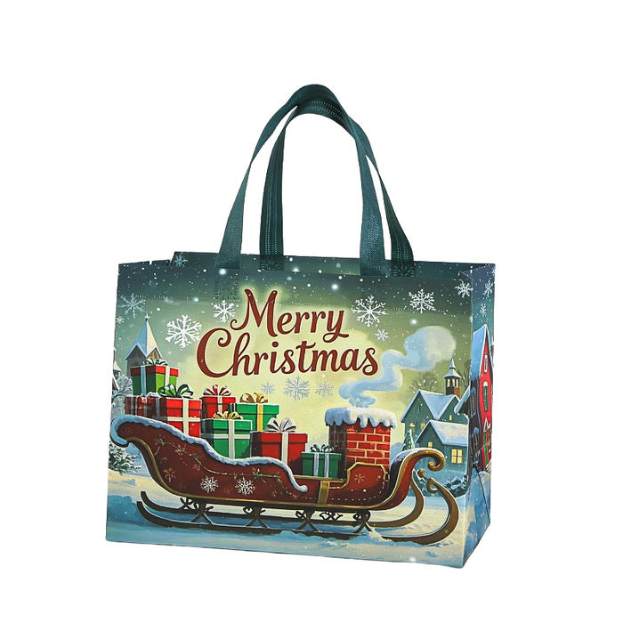 Blue and green Christmas gift tote bag with presents, Santa sleigh and winter village design