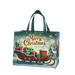 Blue and green Christmas gift tote bag with presents, Santa sleigh and winter village design