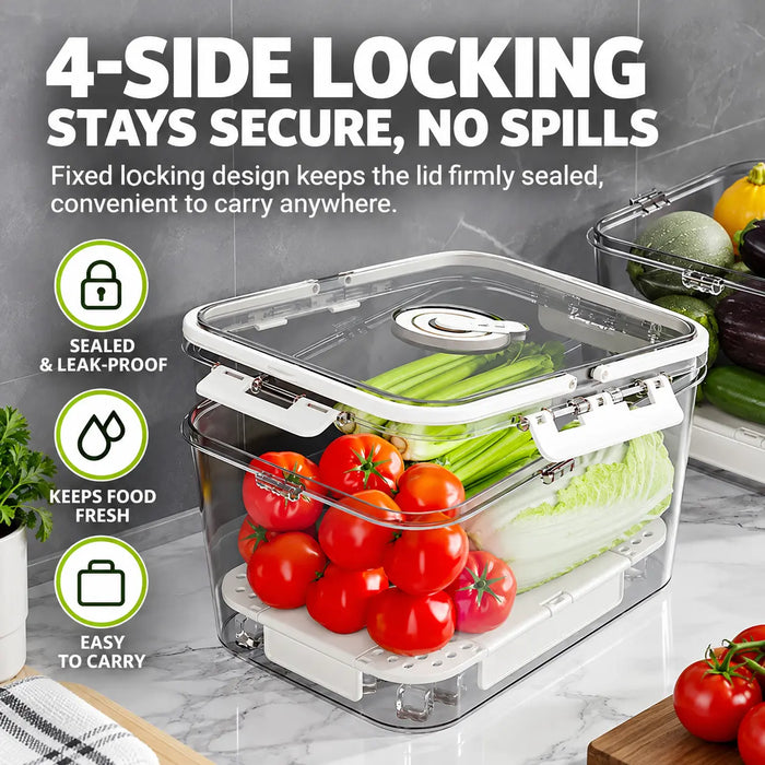 Fridge storage container with four-side locking lid for secure food storage