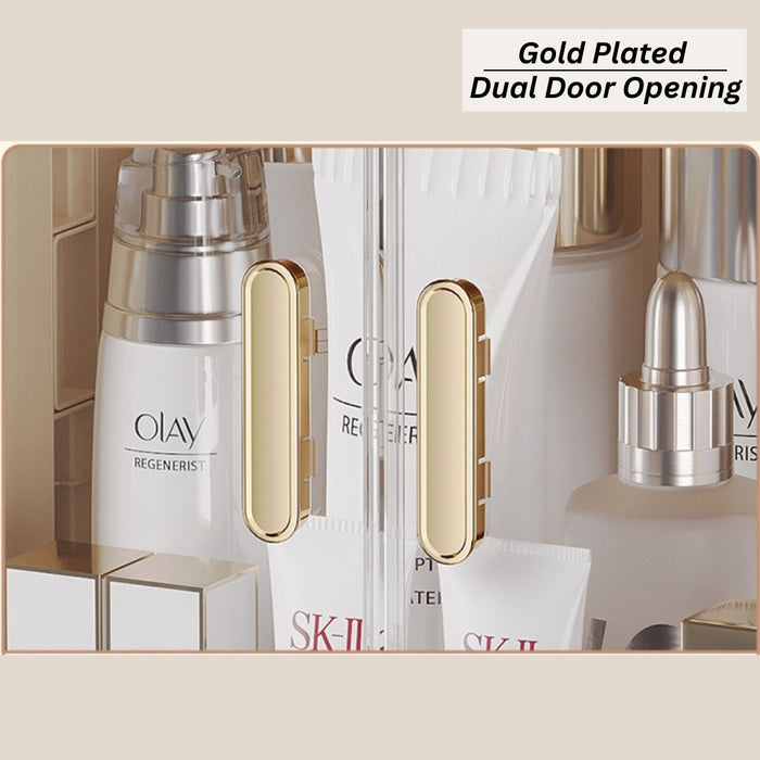 Luxury makeup organiser with gold plated dual door handles detail