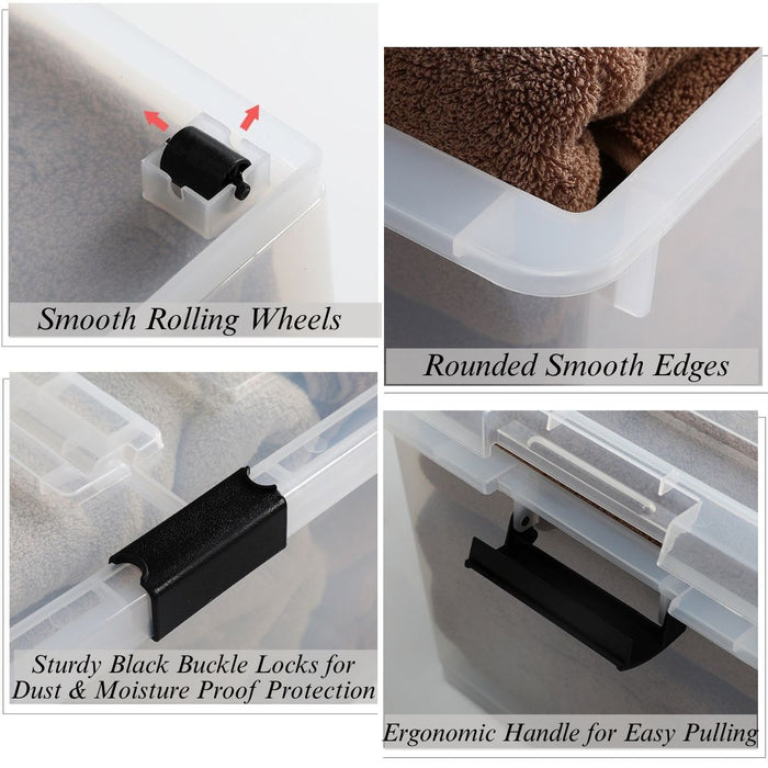 Plastic Storage Box feature details showing smooth rolling wheels and rounded edges. Plastic Storage Box close-up of sturdy buckle lock and ergonomic pull handle