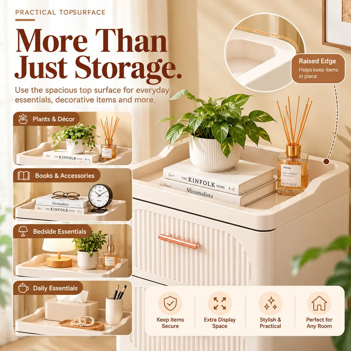 Storage cabinet with raised top tray for plants, books, decor and everyday essentials