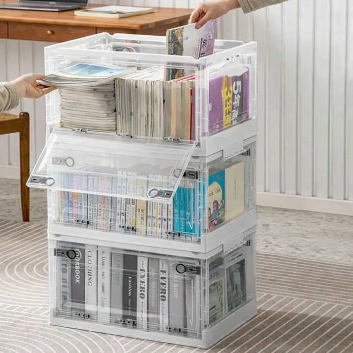 Foldable collapsible storage box with front-opening doors for organising books and magazines