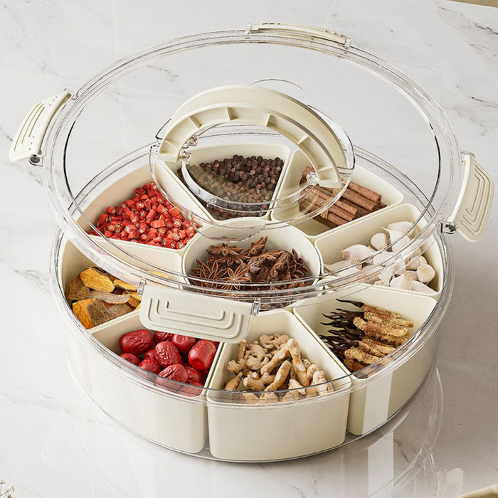 Circular Food Storage Container with open lid displaying removable spice compartments