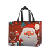 Red Christmas tote bag with black handles featuring a cheerful Santa Claus holding a gift, with a reindeer and festive Christmas tree details