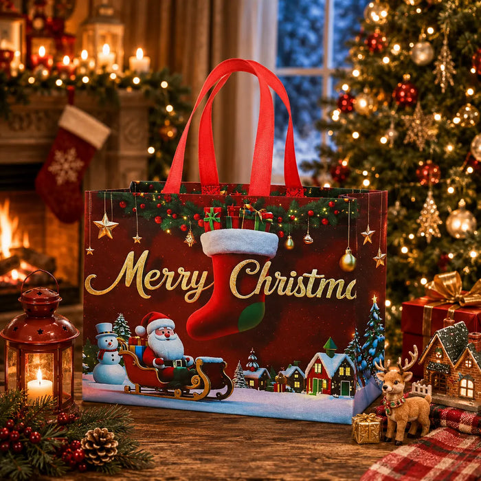 Red Christmas tote bag featuring Santa in a sleigh, snowman, stocking and snowy winter village houses