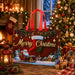 Red Christmas tote bag featuring Santa in a sleigh, snowman, stocking and snowy winter village houses