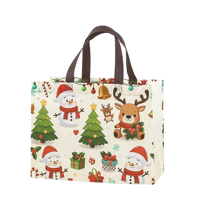 Cream white Christmas tote bag with brown handles featuring snowmen, reindeer, Christmas trees, gifts, bells and ornaments
