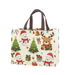 Cream white Christmas tote bag with brown handles featuring snowmen, reindeer, Christmas trees, gifts, bells and ornaments