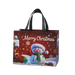 Red Christmas tote bag with black handles featuring a cheerful snowman in a Santa hat and green scarf, with snowflakes, reindeer and gifts.