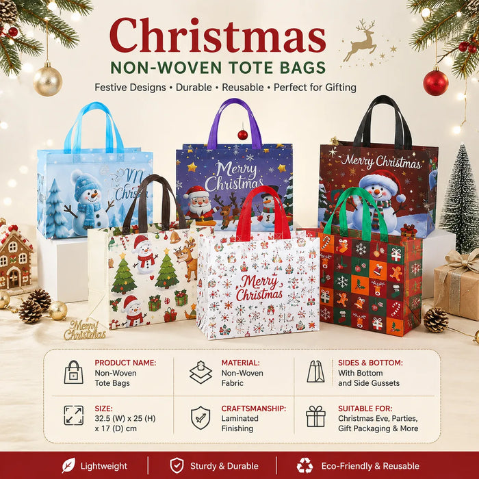 Christmas non-woven tote bags with festive gift designs, laminated finish, side gussets and reinforced bottom
