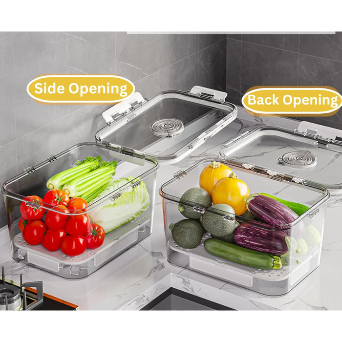 Fridge Storage Container showing side opening and back opening lid design