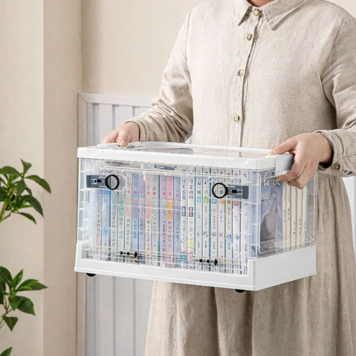 Foldable collapsible storage box with handles for organising books and magazines