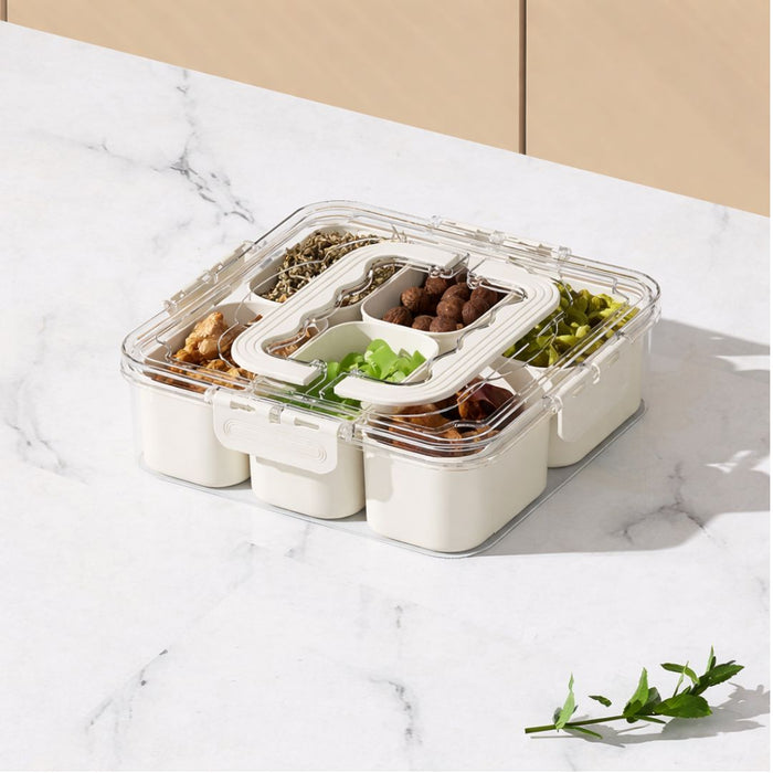 Airtight 6 compartment organiser filled with nuts, herbs and dried foods
