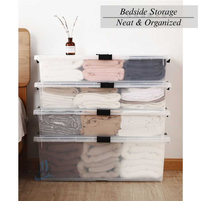 Under Bed Storage Box stacked as bedside storage for folded towels and clothes