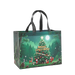 Green Christmas tote bag with decorated Christmas tree, reindeer and woodland Christmas scene