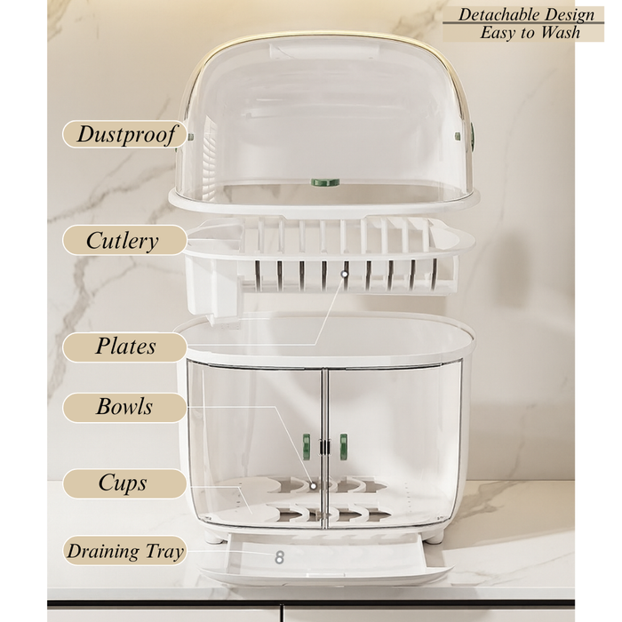 2 Tier Dish Drainer showing compartment sections and removable draining tray. Dustproof 2 Tier Dish Rack with detachable parts for easy cleaning