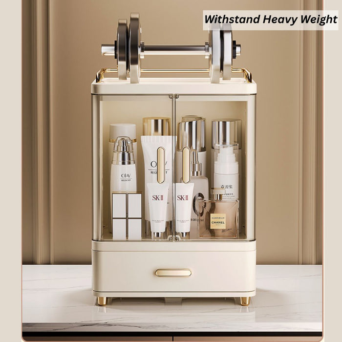 Durable makeup organiser with sturdy top shelf supporting heavy weight