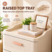 Storage cabinet with raised top tray for everyday essentials and decor