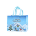 Light blue Christmas tote bag with snowy cottage, Christmas tree, snowman, reindeer and Santa