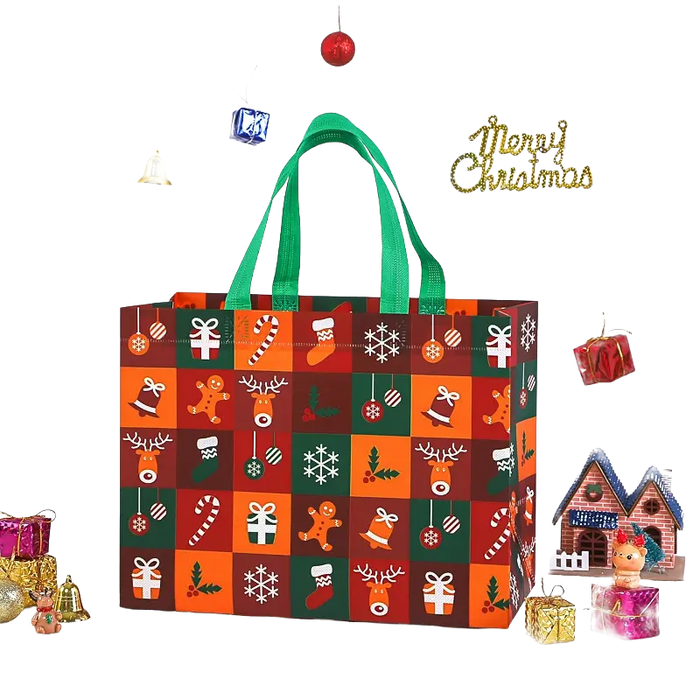 Red, green and orange Christmas tote bag with festive square patchwork pattern featuring reindeer, gifts, candy canes, stockings, bells and ornaments