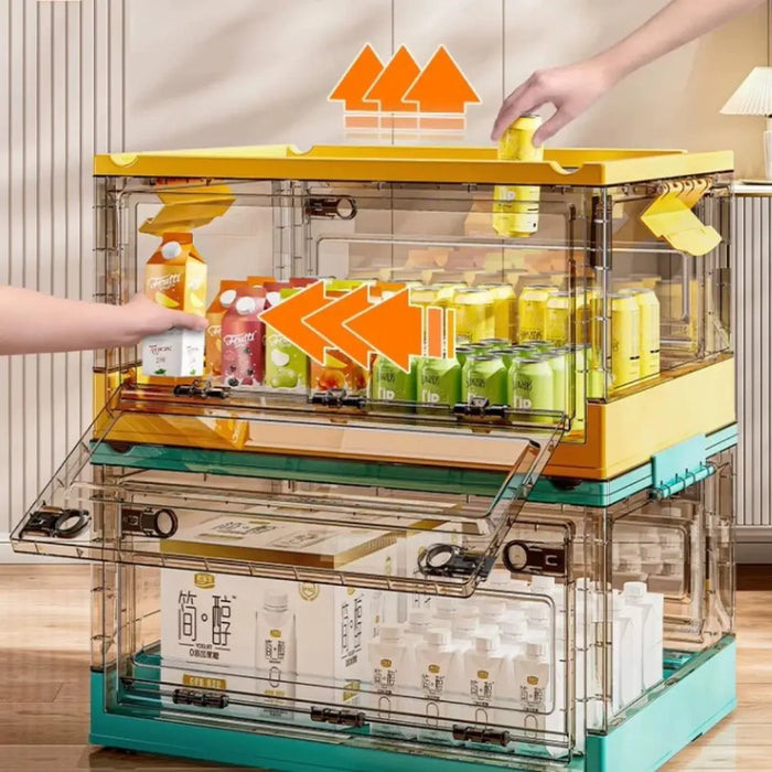 Collapsible storage boxes with front-opening doors for drinks, food and household storage