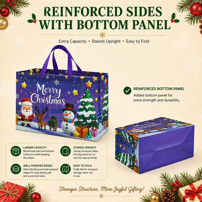 Christmas tote bag with reinforced sides and bottom panel for extra capacity and durability.