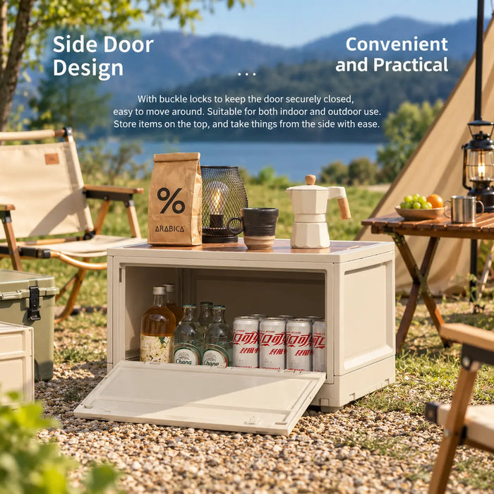 Camping storage box with side door access for convenient outdoor storage