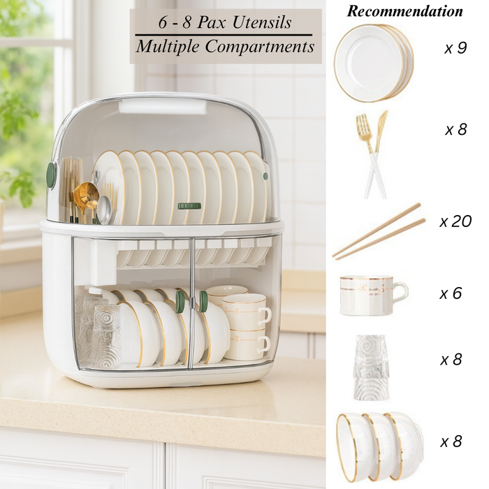 Large capacity 2 Tier Dish Drainer holding plates, cups, chopsticks and utensils