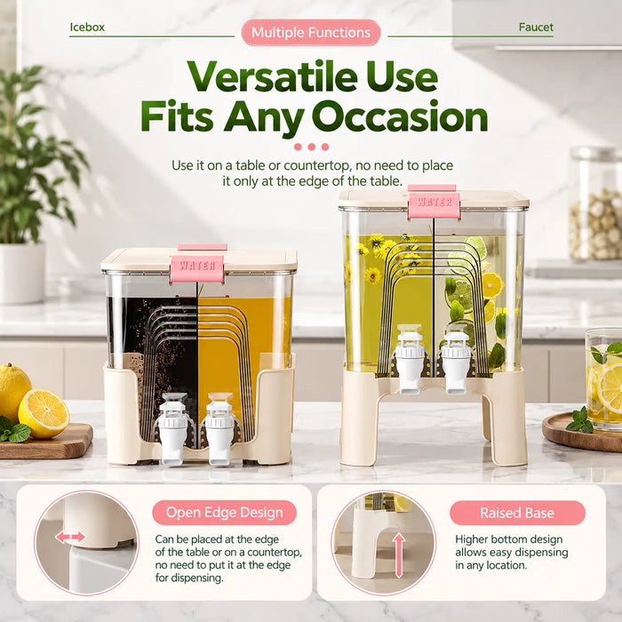 One-tap and two-tap drink dispensers with raised bases for convenient beverage dispensing on tables and countertops