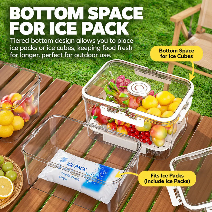 Fridge storage container with bottom space for ice packs and chilled food